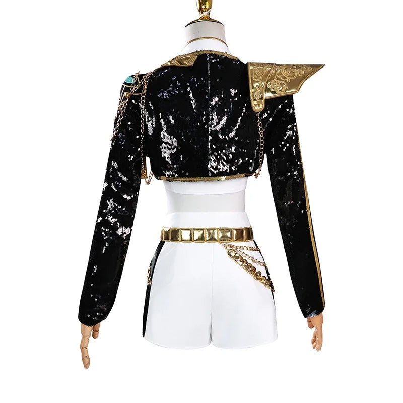 Back view of a KPop demon hunter cosplay costume for girls featuring sequins and stylish details