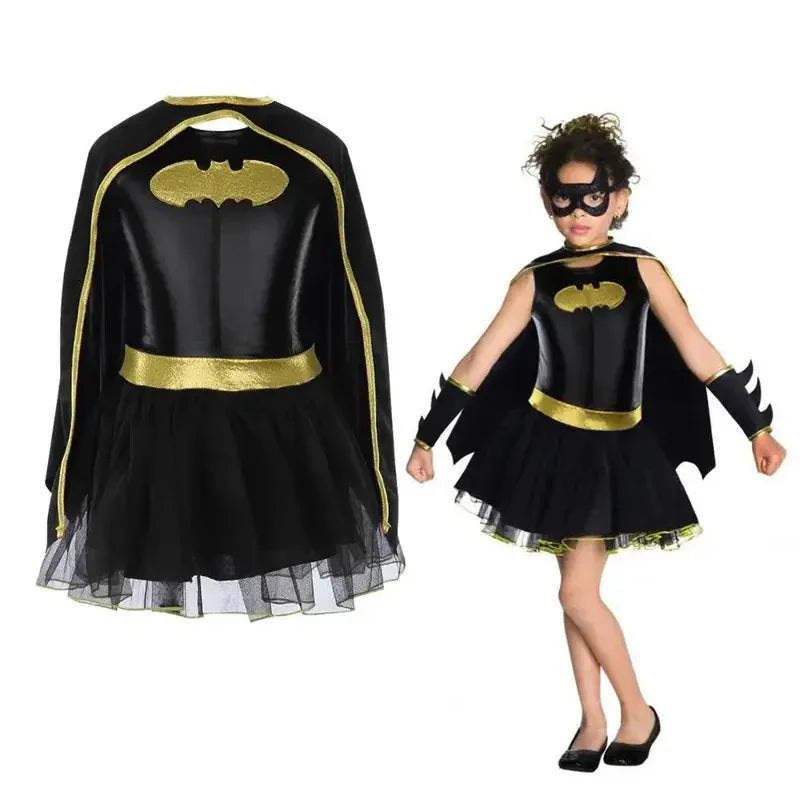 Batgirl costume for girls featuring a black dress with a gold accent and a cape