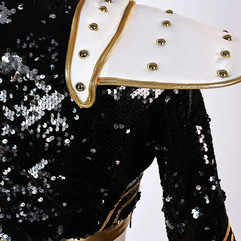 Close-up of KPop demon hunter cosplay costume for girls featuring sequined fabric and stylish shoulder pads