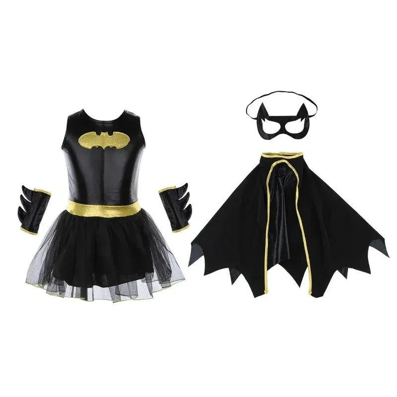 Girls Batgirl Costume featuring a black tutu dress, cape, mask, and gloves for fun dress-up play