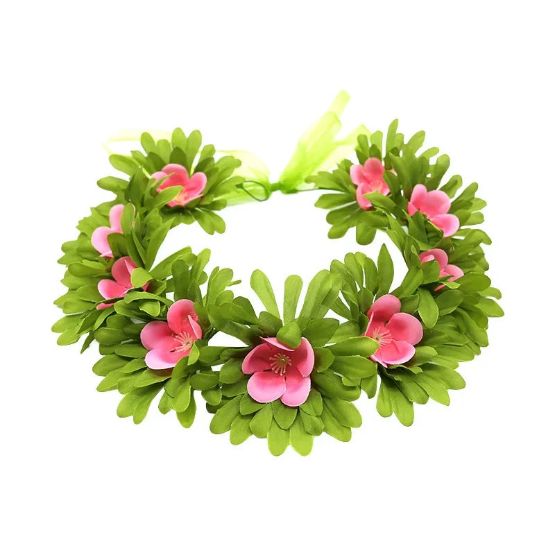 Moana costume for little girls featuring a vibrant green floral crown with pink accents