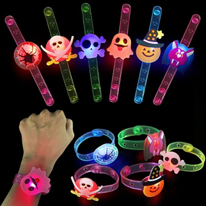 Glowing Halloween party bracelets and rings in various spooky designs for festive celebrations