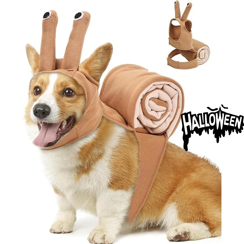 Halloween dog snail costume featuring a cute snail shell and fun headpiece for pets