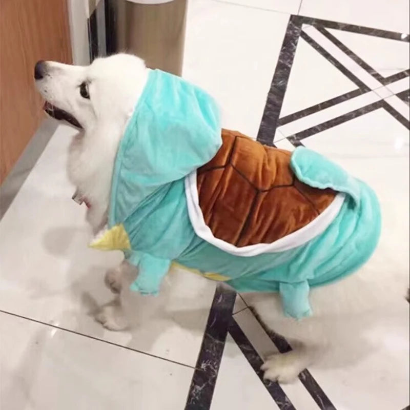 Funny dog Halloween costume in a turtle design with hood and shell detailing