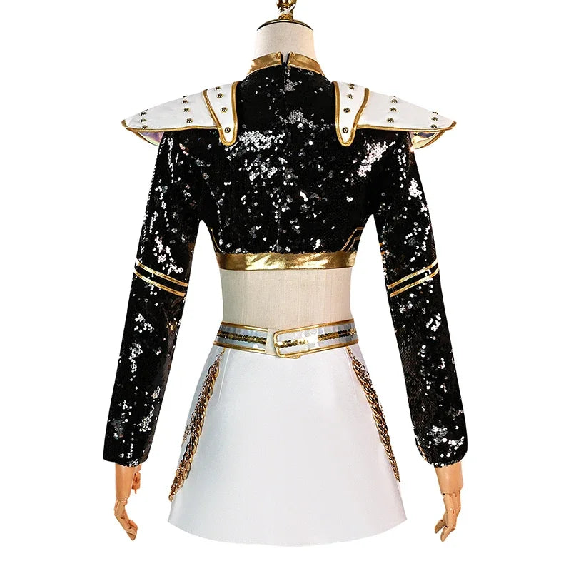 Back view of KPop demon hunter cosplay costume for girls featuring a sequined design and gold accents