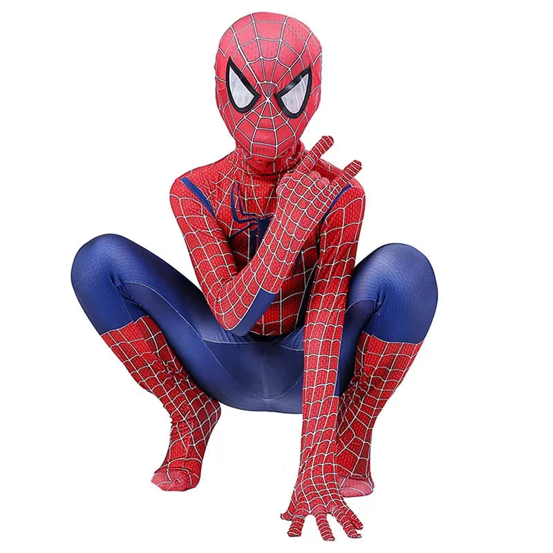 Child in a Spiderman superhero Halloween costume, striking a dynamic pose with a web-slinger gesture