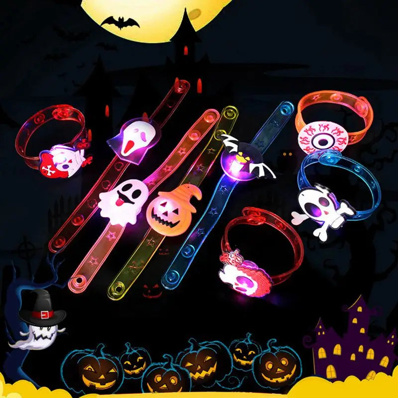 Colorful Halloween party bracelets and rings featuring spooky designs like ghosts and pumpkins