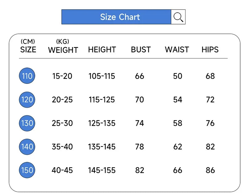 Size chart for KPop demon hunter cosplay costume for girls including measurements for height, bust, waist, and hips