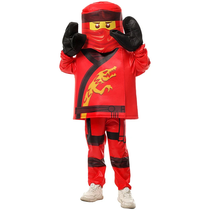 Kids Ninja Lloyd Costume in Red with Large Gloves and Bold Design for Fun Dress-Up Play