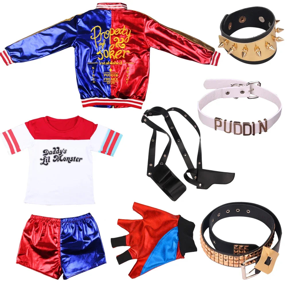 Complete Harley Quinn costume for adults featuring a jacket, top, shorts, gloves, and accessories