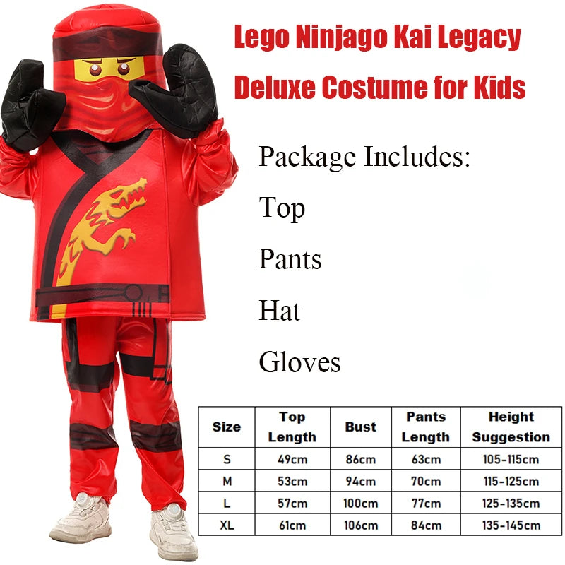 Kids Ninja Lloyd Costume featuring a vibrant red Lego Ninjago design with accessories included