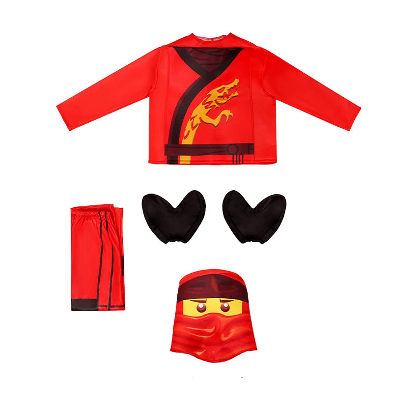 Kids ninja lloyd costume in red with printed details and accessories for playtime adventures