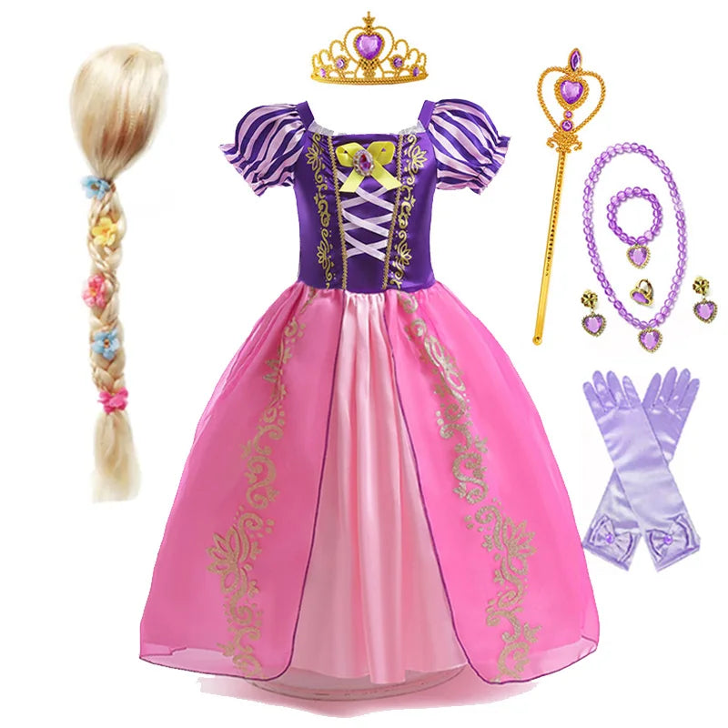 Disney Rapunzel Costume Dress with accessories including a crown, wand, gloves, and braided hairpiece