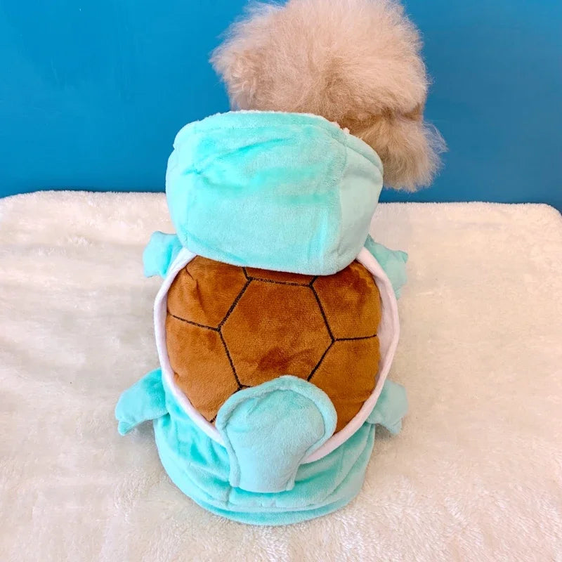 Funny dog Halloween costume featuring a plush turtle design with a soft shell and cute hood