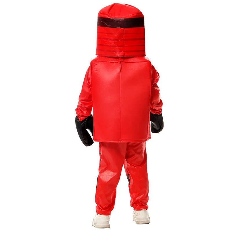 Kids Ninja Lloyd Costume in red with oversized gloves and hood for playful dress-up adventures