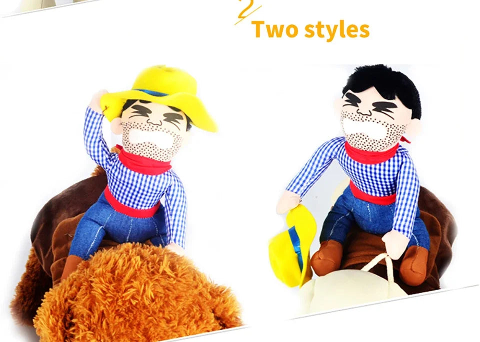 Adorable cowboy dog costume for Halloween featuring a cowboy plush with two styles for dress-up fun