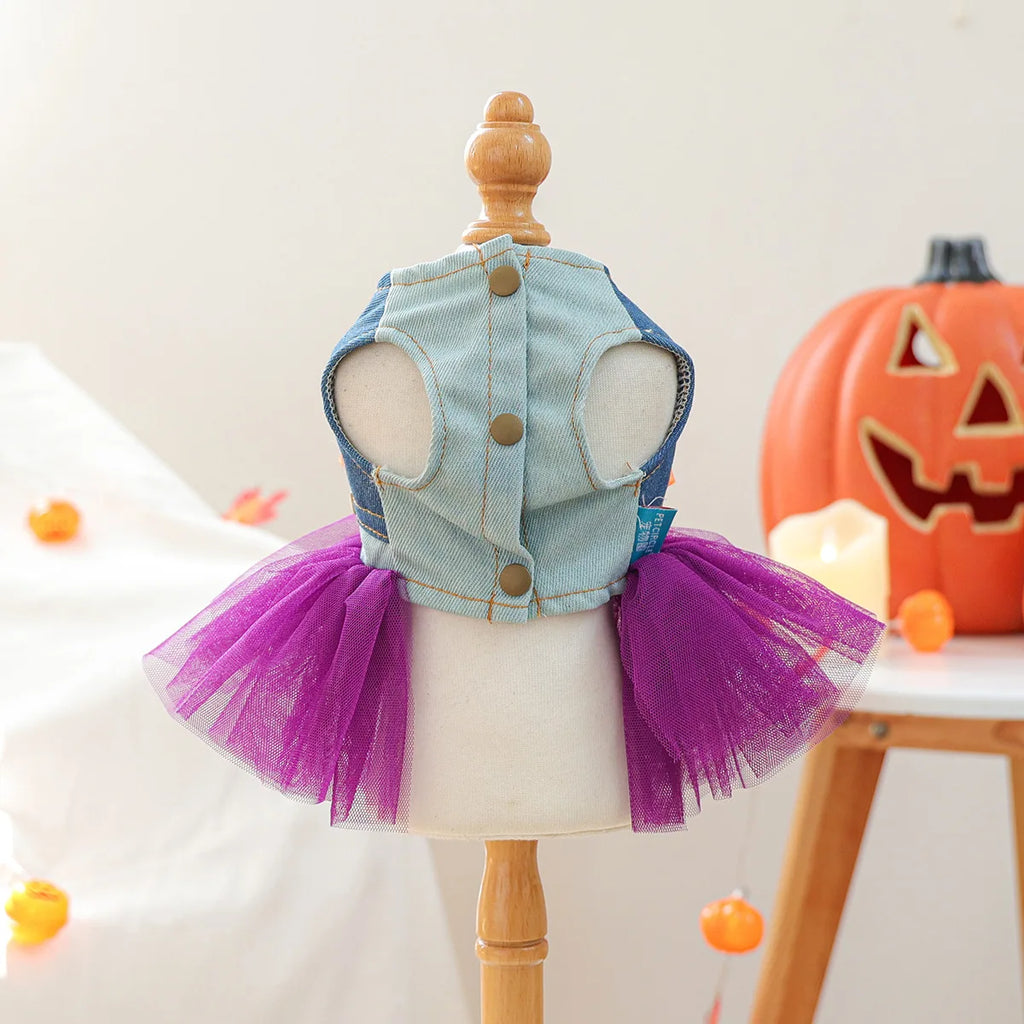Cute Halloween pumpkin skirt for pets with denim bodice and purple tulle for festive styling