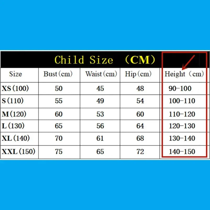 Child size chart for Zoomies & Co Spiderman superhero Halloween costume with height and measurement details.