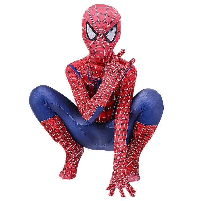 Child in Spiderman superhero Halloween costume striking a superhero pose for Halloween fun