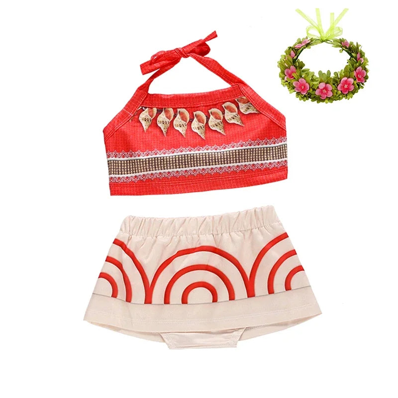 Adorable Moana costume for little girls featuring a red top and patterned skirt with matching flower crown