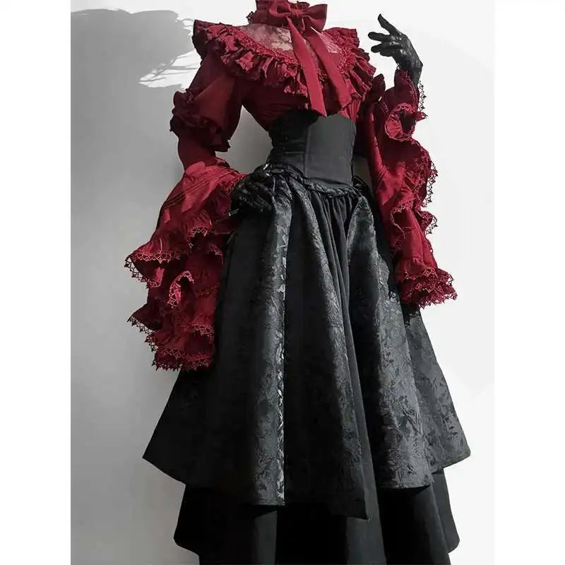 Marie Antoinette Victorian cosplay dress with intricate ruffles and dramatic sleeves for costume parties