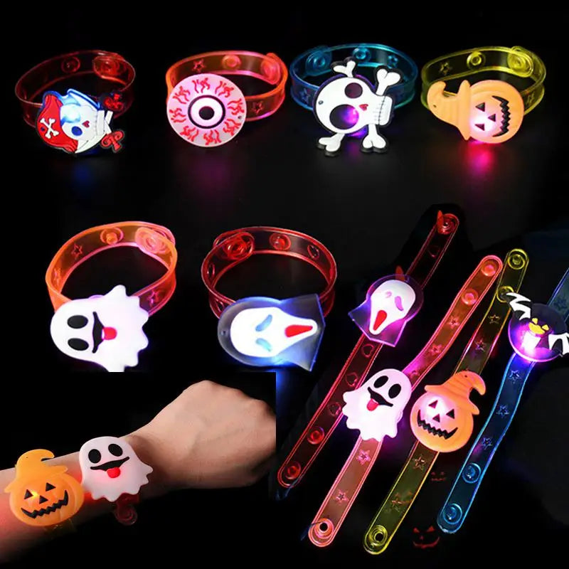 Colorful Halloween party bracelets and rings featuring ghosts, pumpkins, and skull designs for festive fun