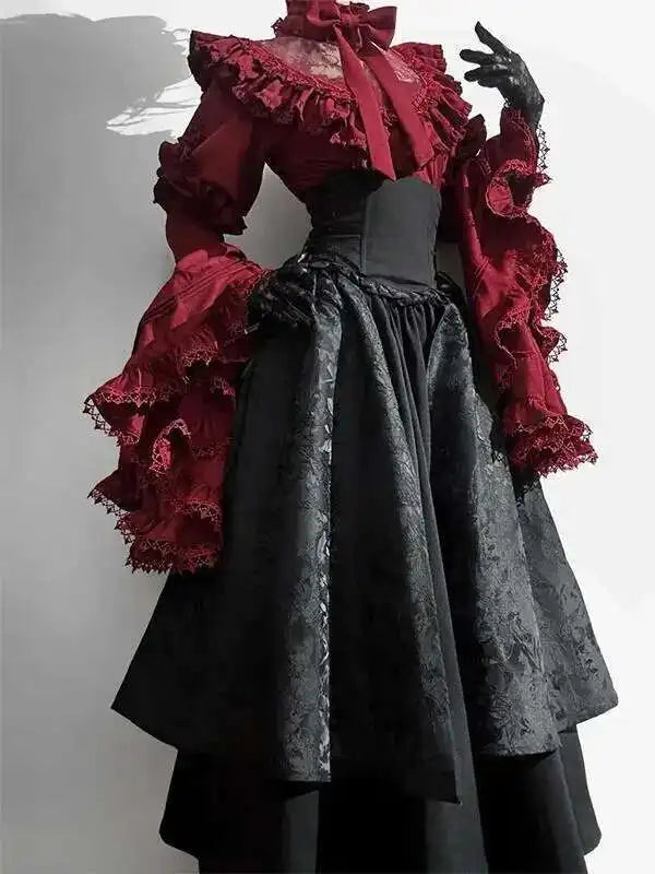 Marie Antoinette Victorian cosplay dress in red and black with ruffled sleeves and elegant design