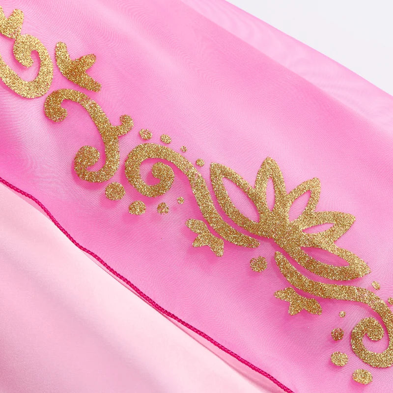 Close-up of the Disney Rapunzel Costume Dress showcasing intricate gold and pink designs