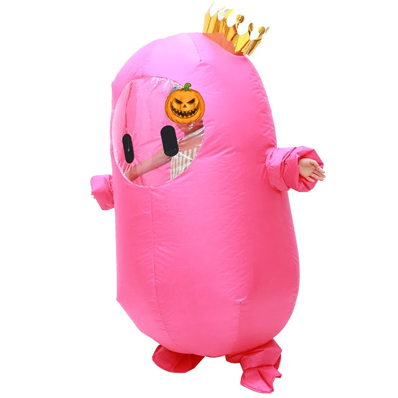 Pink Fall Guys inflatable costume with a crown and pumpkin face for fun party dress-up