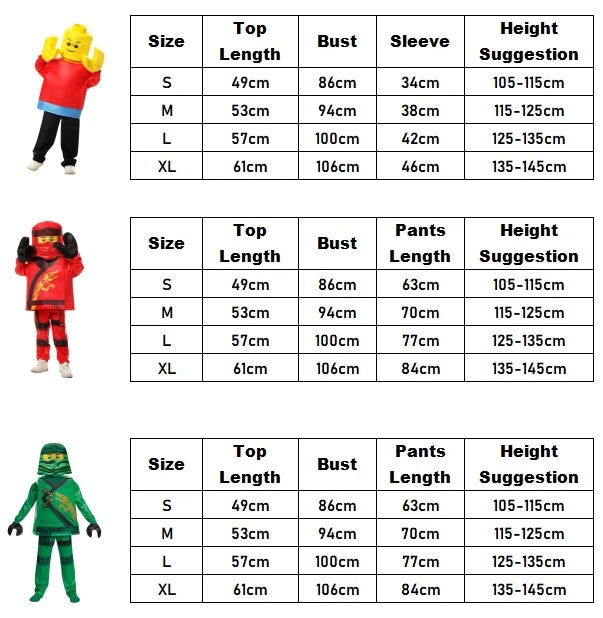 Kids Ninja Lloyd costume size chart with measurements for different sizes and height suggestions
