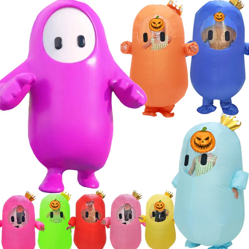 Colorful Fall Guys inflatable costume for kids in pink, blue, orange, and green with fun character designs