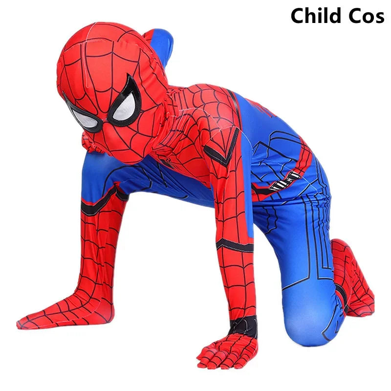 Child in Spiderman superhero Halloween costume with detailed web design and mask for Trick or Treating