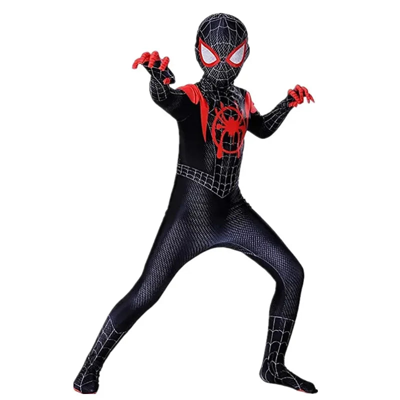 Spiderman superhero halloween costume for kids featuring a black and red design with spider emblem