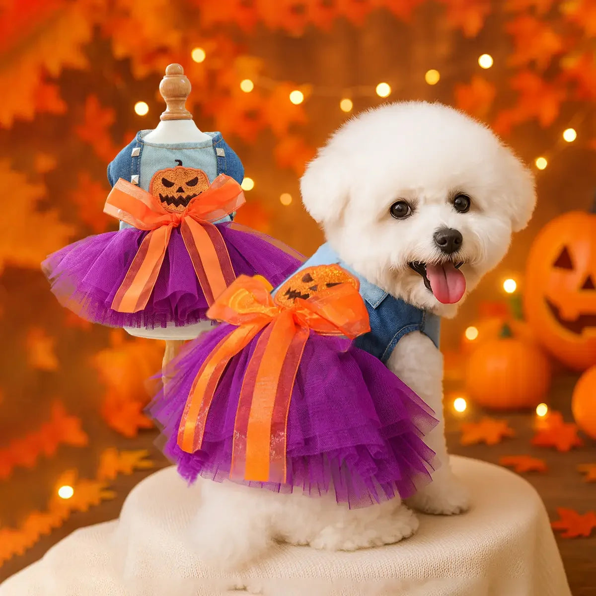 Adorable dog wearing a cute Halloween pumpkin skirt for pets, featuring a denim top and purple tulle skirt