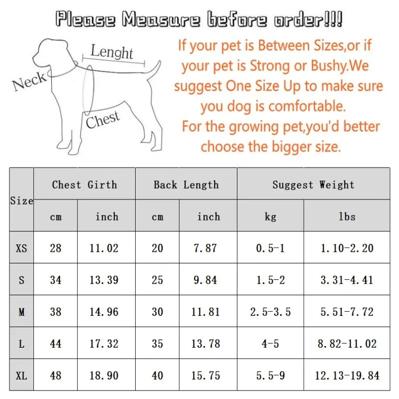 Size measurement chart for puppy knitted coat for winter showing neck, length, and chest dimensions