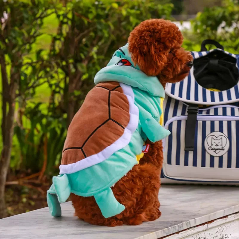 Funny dog Halloween costume featuring a turtle design, perfect for playful pups