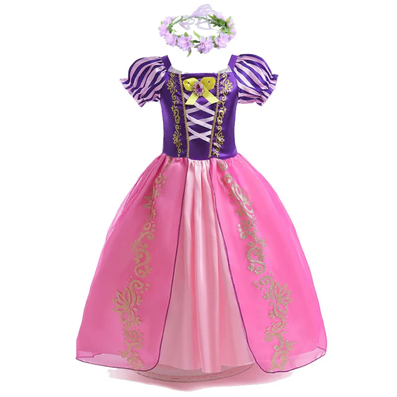 Disney Rapunzel Costume Dress with intricate gold detailing and matching flower crown