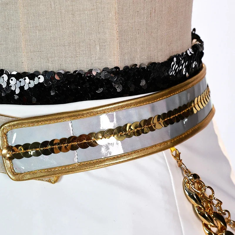 Detailed close-up of KPop demon hunter cosplay costume for girls featuring sequined belt with gold accents