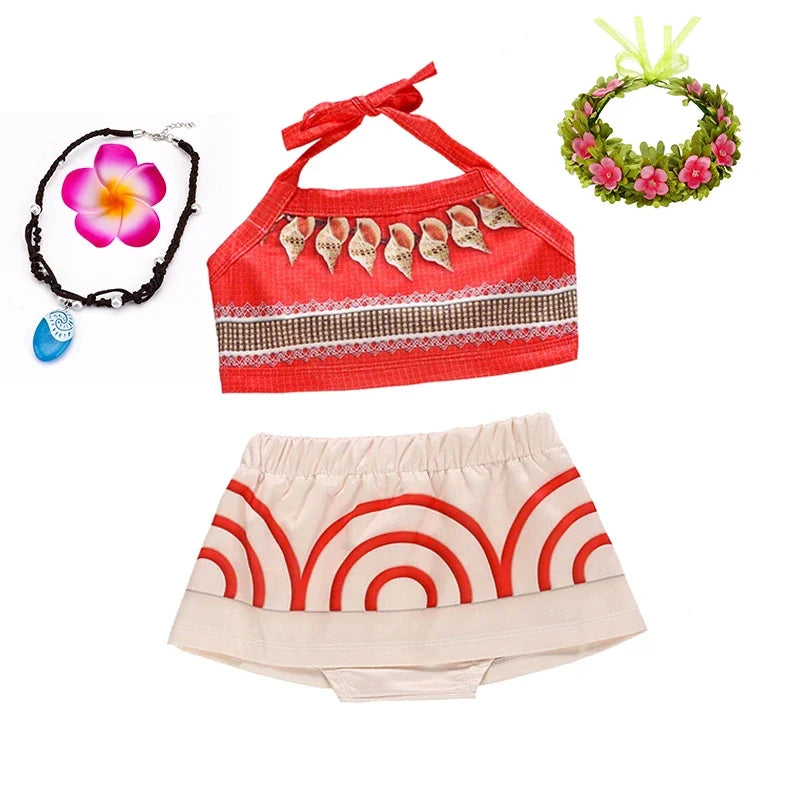 Moana costume for little girls featuring a red top, skirt, accessories, and floral details