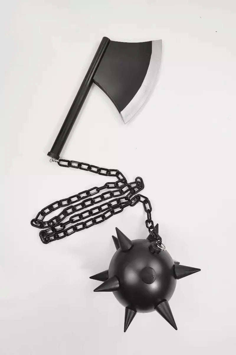 Himejima Gyomei cosplay weapon featuring a black axe and spiked mace with chain for themed costumes