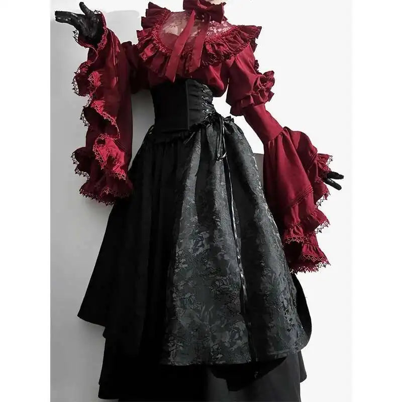Marie Antoinette Victorian cosplay dress with red ruffled sleeves and elegant black skirt