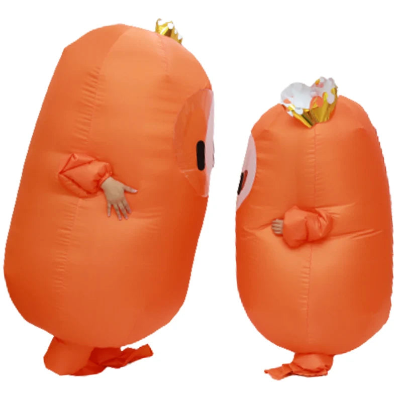 Two orange Fall Guys inflatable costumes designed for fun party activities and events