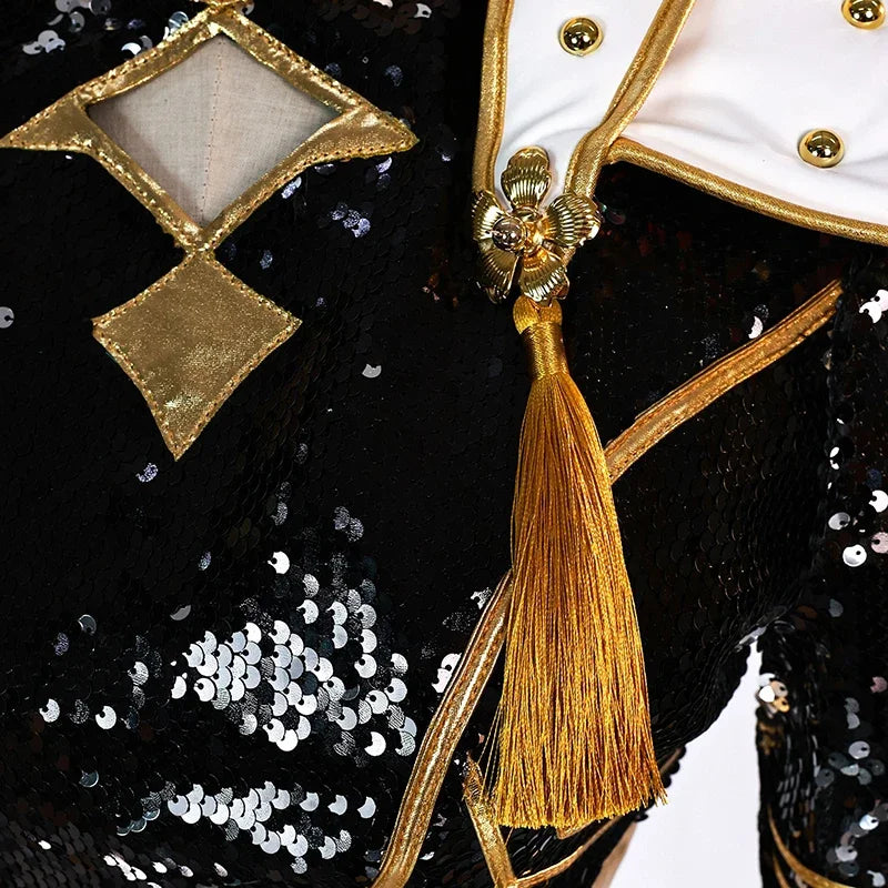 Close-up of the KPop demon hunter cosplay costume for girls featuring sequined details and decorative tassels