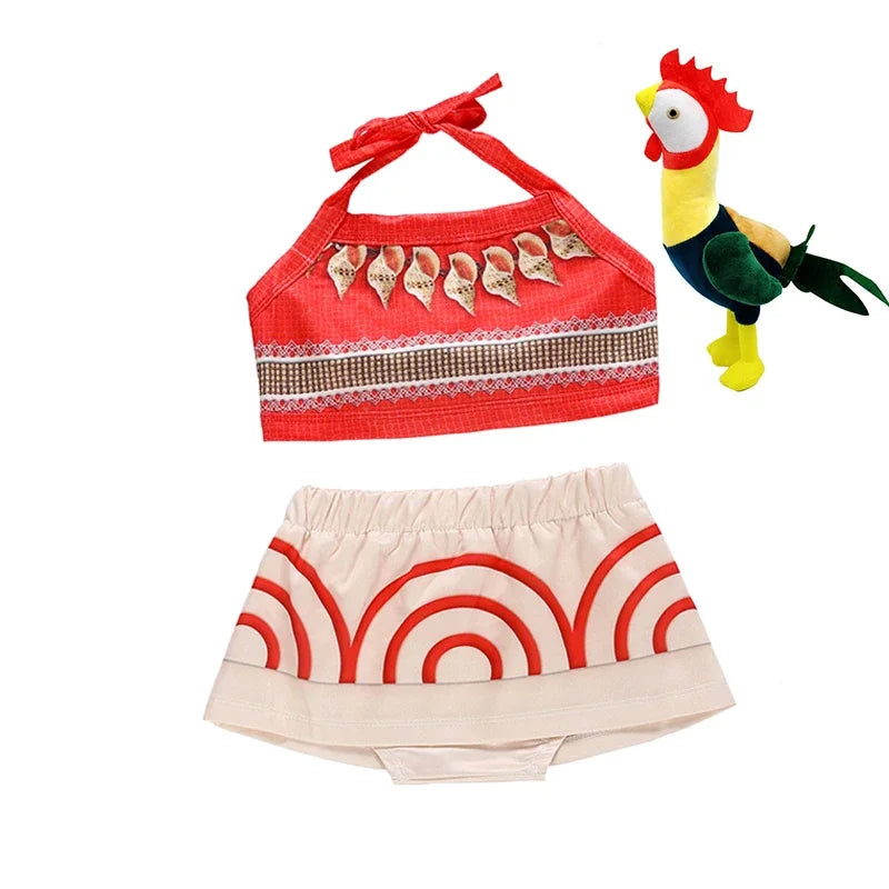 Moana costume for little girls featuring a red top with decorative accents and a matching skirt