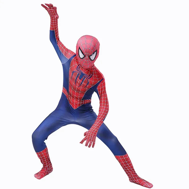 Child wearing a Spiderman superhero Halloween costume, showcasing dynamic pose and vibrant colors
