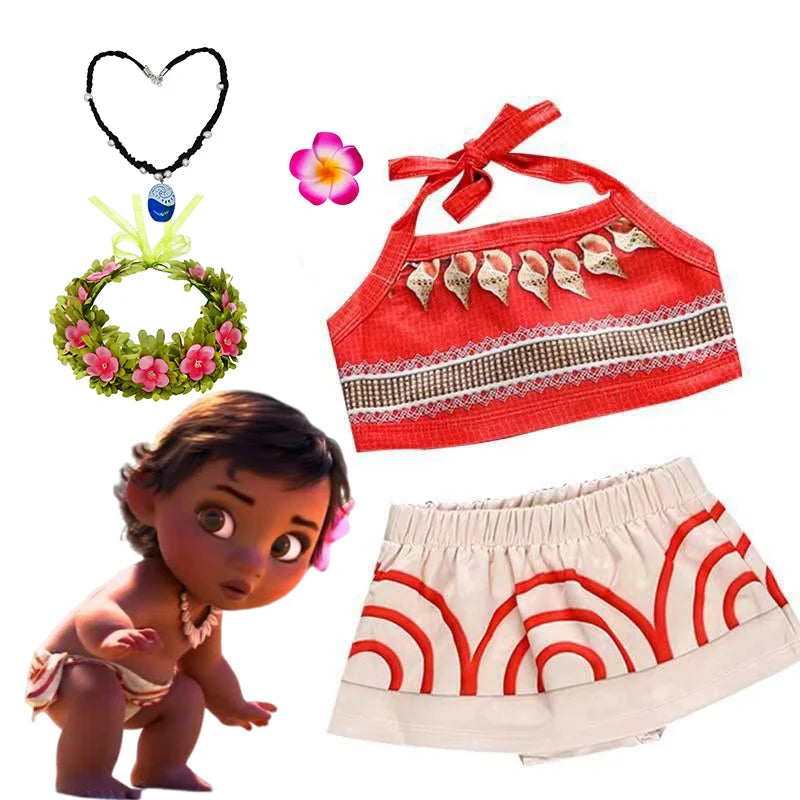 Moana costume for little girls featuring a red top, white skirt, and matching accessories
