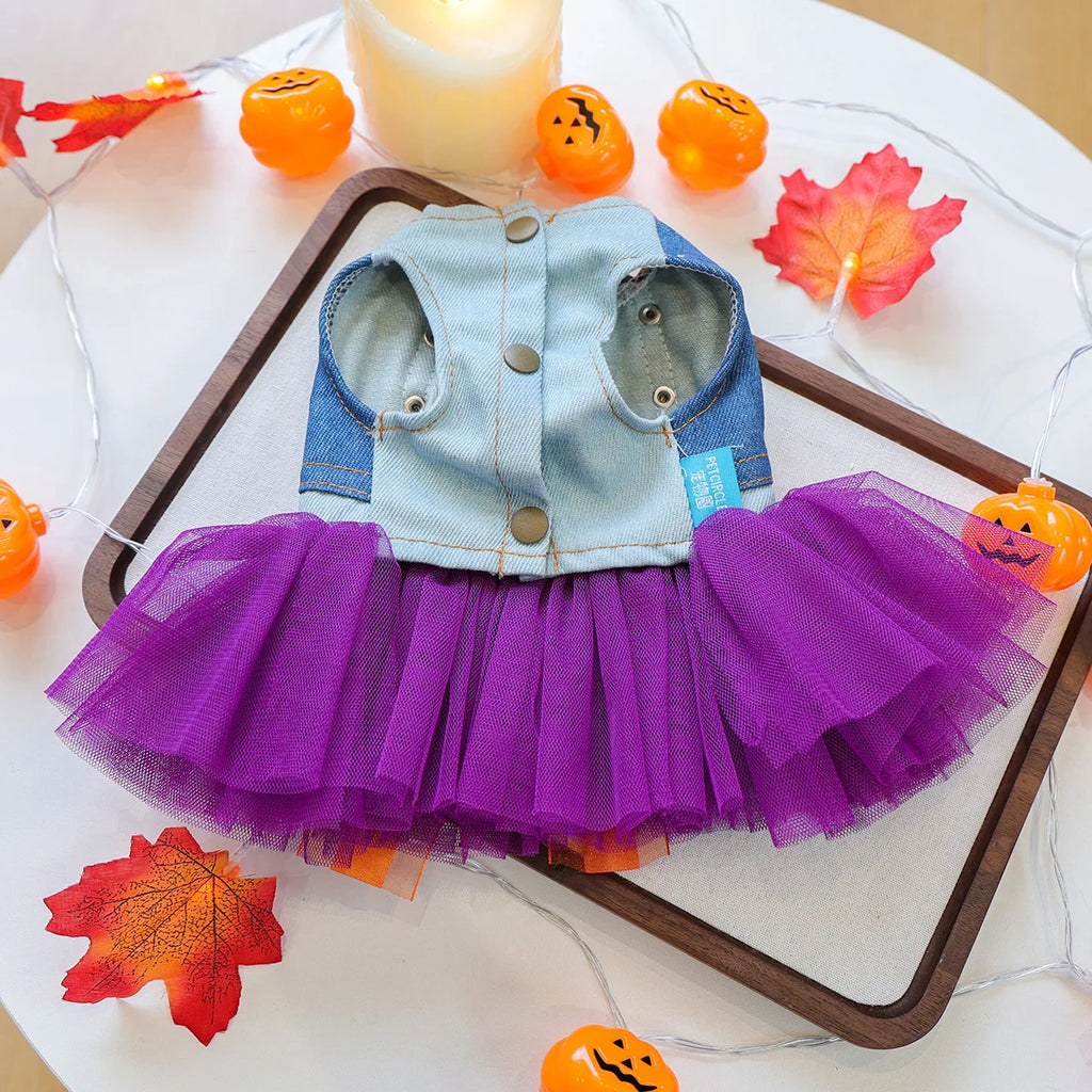 Cute Halloween pumpkin skirt for pets featuring purple tulle and denim top design