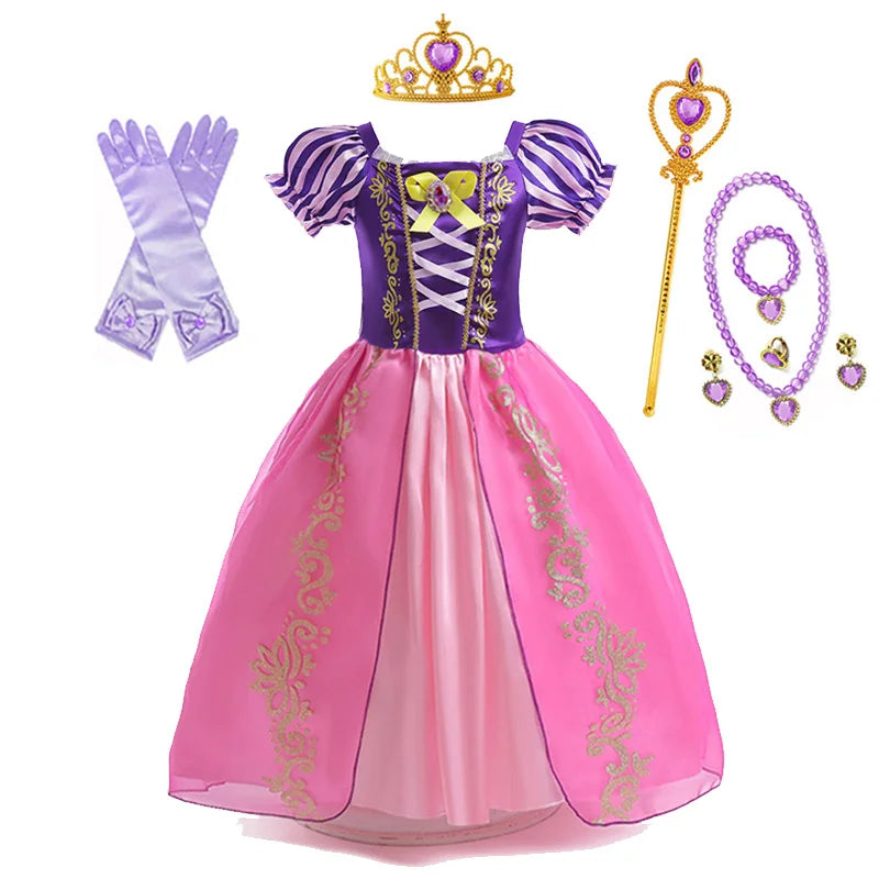 Disney Rapunzel Costume Dress with Accessories including Gloves, Wand, and Jewelry for Little Princesses