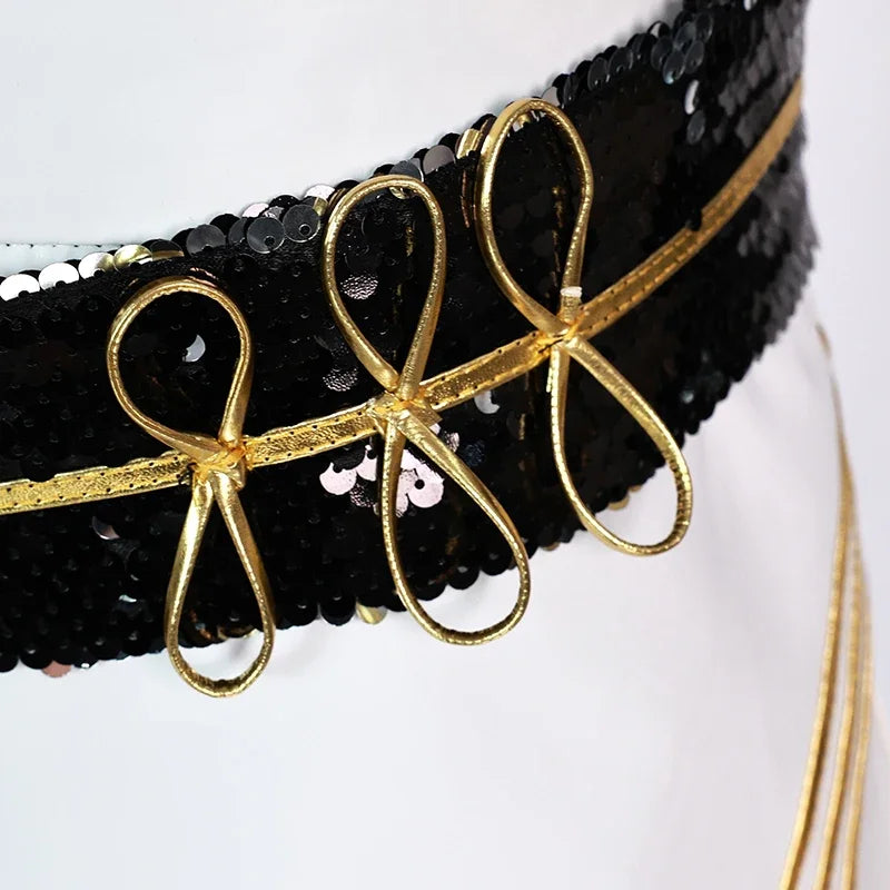 Close-up of the sequined belt detail from the KPop demon hunter cosplay costume for girls