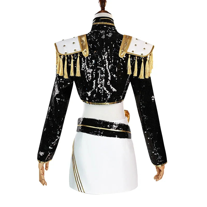 KPop demon hunter cosplay costume for girls featuring a stylish black and white design with gold accents
